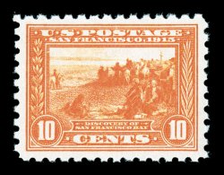 404, 10c Panama-Pacific, perf. 10, a fabulous quality mint single, possessing perfect centering within lavishly large margins, plus its color is especially strong and vibrant,
even its perforations are unusually full and intact all around, o.g.,
