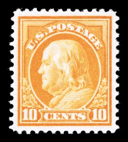 416, 10c Orange yellow, an absolutely superb mint example, being the epitome of perfection, possessing mathematically precise centering amid very large margins, radiant color
and impression on immaculate paper, unblemished o.g. without a single