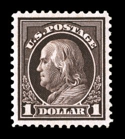 423, $1.00 Violet brown, an extraordinary quality mint example of this high value, being flawlessly centered amid very large margins, intensely rich color and a deeply etched
impression, o.g., lightly hinged, extremely fine gem easily among the