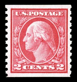 453, 2c Carmine rose rotary coil, Ty. I, perf. 10 vert., a gem mint single in a condition unlike any other we have seen, boasting huge margins all around and being incredibly
well centered within them, rich radiant color and a crisp impression,