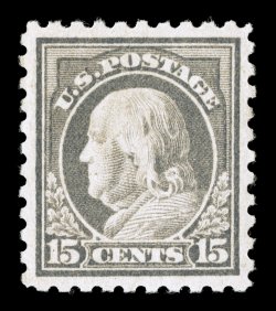 475, 15c Gray, gem mint example of this value which is quite challenging to find in premium quality, possessing outstanding centering within large margins, plus its color is
stronger and deeper than typically seen, o.g., n.h., extremely fine 19