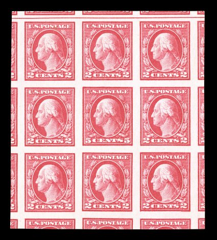 485, 5c Carmine error imperforate single error in a magnificent quality block of nine, boasting absolutely enormous and perfectly balanced margins all around, having been
meticulously cut out of a sheet so that small portions of all sixteen adjo