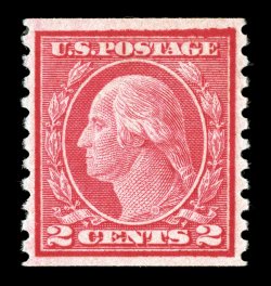 491, 2c Carmine coil, Ty. II, perf. 10 vert., premium mint single of this rare coil, possessing excellent centering, plus its color is exceptionally rich and its impression
quite crisp, o.g., lightly hinged, extremely fine seldom encountered so