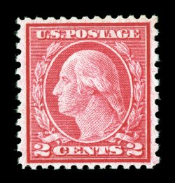 539, 2c Carmine rose coil waste, Ty. II, perf. 11x10, extraordinarily well centered for this rare and notoriously difficult stamp, strikingly intense color and impression,
o.g., lightly hinged, extremely fine for this centered copies such as th