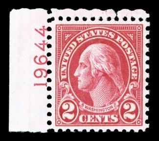634A, 2c Carmine, Ty. II, a most remarkable top left corner plate no. 19644 single, being incredibly well centered within considerably larger margins than normally encountered
on this stamp, deep vibrant color, o.g., n.h., extremely fine a high