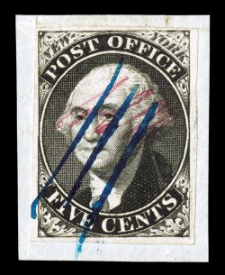 9X1, New York, N.Y. 5c Black Postmaster Provisional, signed ACM connected, position 3, four large margins, deep color and a strong detailed impression, tied to piece by blue pen
stroke cancels, extremely fine a handsome example of this scarce p