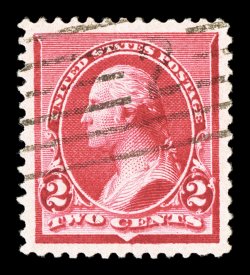 220c, 2c Carmine, cap on both 2s variety, an incomparable example of this elusive plate variety, being perfectly centered within exceptionally large margins, lovely bright
color, fairly light machine cancel, superb a gorgeous stamp that is p