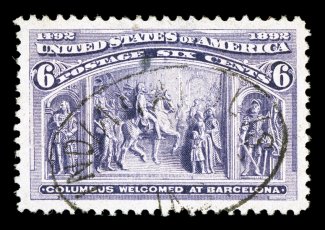 235, 6c Columbian, absolutely perfect centering within incredibly large margins, rich luxuriant color and a sharp impression, light Indianapolis oval cancel, a superb gem in
every regard.If one could imagine the features needed to make the pe