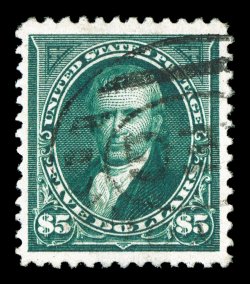 263, $5.00 Dark green, a highly select example of this scarce high value, being remarkably well centered amid exceptionally large margins, intensely rich color and an excellent
clarity of impression, light oval registry cancel, extremely fine t