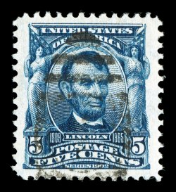 304, 5c Blue, striking used single, possessing enormously large margins all around and being especially well centered within them, deep prooflike color and impression, light
duplex cancel, extremely fine gem 2009 PSE certificate (XF-Superb 95 J