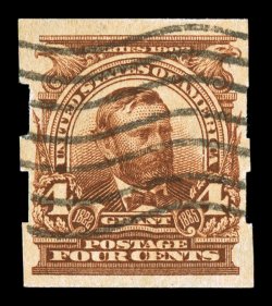 314A, 4c Brown imperforate, incredibly well centered within uncommonly large margins, with full Shermack perforations showing on both sides, intense prooflike color and
impression, neat strike of the usual wavy line machine cancel, extremely fin