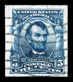 315, 5c Blue imperforate, rarely seen used single, large to extra-large margins all around, rich color, light machine cancel, miniscule corner crease at top left, otherwise
extremely fine 1997 PF certificate.