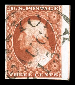 10A, 3c Orange brown, Ty. II, right sheet-margin single, with straddle guide line in margin, other margins full, gorgeous intense color and impression on pristine white paper,
neatly struck New York c.d.s., extremely fine a stamp with excellent