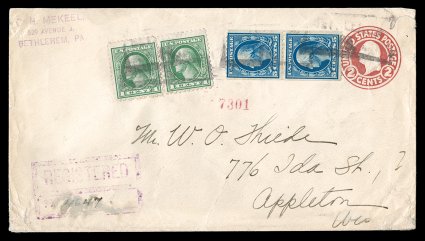 351, 5c Blue coil, perf. 12 horiz., pair tied to registered 2c Entire along with pair of 1c Gray green (525) by boxed Bethlehem, Pa. registry pmks., sent to Wisconsin, cover
with trivial corner flaws from mounting, fine-very fine a scarce coil