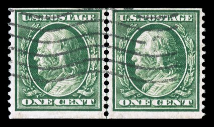 352, 1c Green coil, perf. 12 vert., a terribly elusive used guide line pair, being one of the very few we have seen, attractively centered and with deep rich color, neat wavy
machine pmk., very fine 1994 PF certificate.