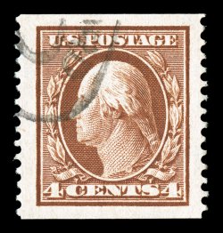 354, 4c Orange brown coil, perf. 12 vert., a spectacular used single in the finest attainable quality, being incredibly well centered within truly gigantic margins all around,
rich fresh color, light oval pmk., extremely fine gem certainly th