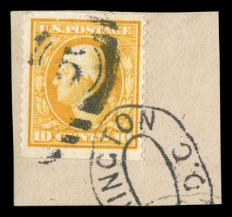 356, 10c Yellow coil, perf. 12 vert., a rarely offered used single, tied to piece by Washington, D.C. duplex, uncommonly well centered and margined, intense color, very fine to
find a single of the Ten Cent Yellow Coil both used and this well c