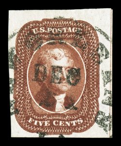 12, 5c Red brown, a striking right sheet-margin single, showing the straddle guide line in the margin, other three margins also large to huge, deeply rich color and a
razor-sharp impression, c.d.s. town cancel, minor corner crease at bottom left