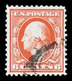 362, 6c Red orange on bluish paper, an extremely rare used single of this bluish paper, with strong bright color, well centered, lightly canceled with small portion of duplex
pmk. that leaves the face cancel free, very fine and attractive a key