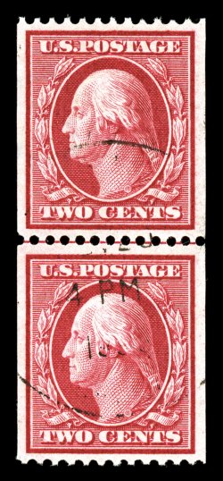386, 2c Carmine coil, perf. 12 horiz., a stunning guide line pair of one of the most difficult of all the Washington-Franklin coil line pairs to find used, let alone in this
stellar quality, marvelously well centered and margined, remarkably fre