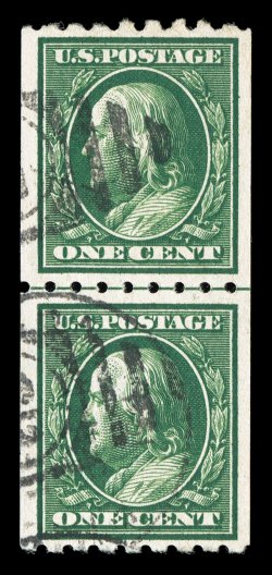 390, 1c Green coil, perf. 8 12 horiz., guide line pair, marvelously well centered and margined, strong rich color, duplex cancel, extremely fine 1989 PF
certificate.