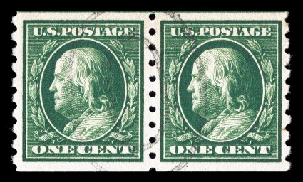 392, 1c Green coil, perf. 8 12 vert., exceptional quality pair that is remarkably well centered within large margins, deep luxuriant color, light oval cancel, extremely fine
quite elusive in this premium quality 1986 PF certificate.