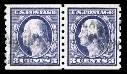 394, 3c Deep violet coil, perf. 8 12 vert., pair, well centered within extra-large margins, rich color, lightly cancelled, very fine 2001 PF certificate.