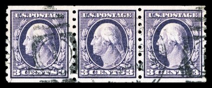 394, 3c Deep violet coil, perf. 8 12 vert., a most interesting and handsome strip of three, showing a combination of both 3mm and 2mm spacing, wonderfully well centered and
margined, strong color, neat duplex cancels, choice very fine 1989 PF