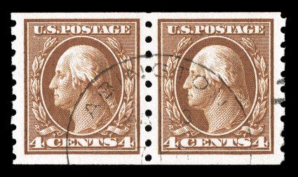 395, 4c Brown coil, perf. 8 12 vert., select pair with 3mm spacing, exceptionally well centered and margined, rich bright color, neat light c.d.s. cancel, extremely fine 1992
and 2001 PF certificates.