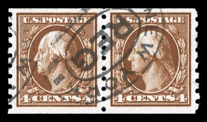 395, 4c Brown coil, perf. 8 12 vert., another choice pair with 3mm spacing, deeply rich color, neat oval registry cancel, extremely fine 1995 PF certificate.
