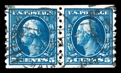 396, 5c Blue coil, perf. 8 12 vert., pair, glorious color that is incredibly deep and intense, outstanding centering as well, duplex cancel, extremely fine 2001 PF
certificate.