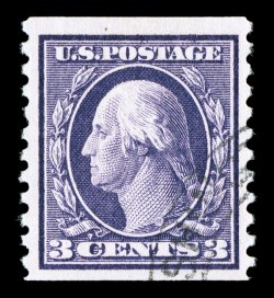 445, 3c Violet flat plate coil, perf. 10 vert., gorgeous single, stunning deep color on bright paper, exquisitely well centered within uncommonly large margins, neat face-free
cancel, extremely fine 1995 PF certificate.