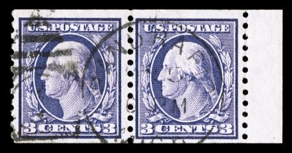 445, 3c Violet flat plate coil, perf. 10 vert., pair with end-roll trailer tab at right, bright fresh color, light duplex cancel, very fine these tab pairs are rarely seen,
especially when used 1998 PF certificate.