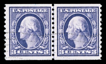 445, 3c Violet flat plate coil, perf. 10 vert., rare used guide line pair, brilliantly rich color, well centered within large margins, unusually light machine cancel, very fine
and choice used 445 guide line pairs, especially in this superior