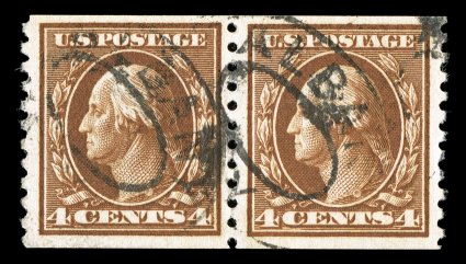 446, 4c Brown flat plate coil, perf. 10 vert., pair, well centered within large margins, lovely rich color, oval Albany cancels, choice very fine photocopy of a 1986 PF
certificate.