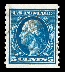 447, 5c Blue flat plate coil, perf. 10 vert., impressive coil single, unusually well centered and margined, deep rich color, light oval postmark, extremely fine 2000 PF
certificate.