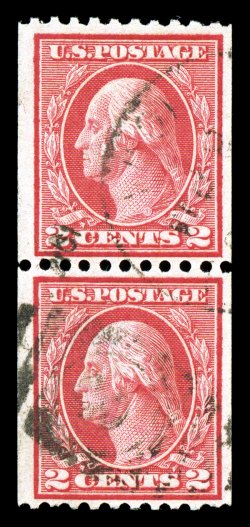 449, 2c Red rotary coil, Ty. I, perf. 10 horiz., handsome pair of this very rare coil, possessing far better centering than what is typically encountered, vibrant color in the
characteristic Red shade, uncommonly fresh and crisp, light duplex ca