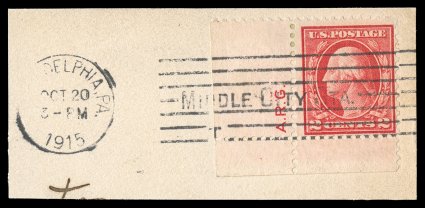 461, 2c Pale carmine red, a striking bottom left corner sheet-margin single with printers initials in the left selvage, tied to piece by 1915 Philadelphia machine cancel,
bright color in the characteristic genuine shade, very fine 1997 PSE cer