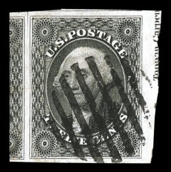 17, 12c Black, position 70R, a stunning used single, featuring incredibly large margins all around, including part of the adjoining stamp at left and a huge sheet margin at
right capturing a portion of the imprint, strong color and impressio