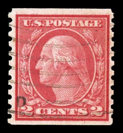 491, 2c Carmine coil, Ty. II, perf. 10 vert., premium used single of this elusive coil, well centered within large margins, bright color, light machine cancel, very fine 1988
PF certificate.