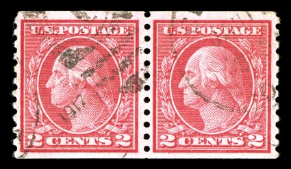 491, 2c Carmine coil, Ty. II, perf. 10 vert., a highly desirable pair, remarkably well centered within large margins, intensely rich color in the characteristic carmine shade,
strong impression, light 1917 duplex cancel, extremely fine used pai