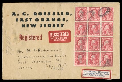 505, 5c Rose error, double error in a block of twelve, tied by oval registry handstamps on Feb. 19, 1918 large registered Roessler cover, violet registry and receiving
backstamps, stamps with bright color, top middle stamp with single toned perf