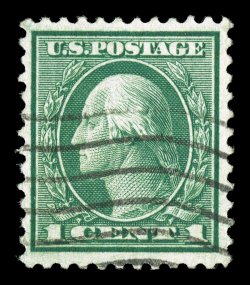 544, 1c Green coil waste, perf. 11, the used single here is, without question, one of the finest in existence, as this stamp possesses margins and centering unlike almost any
other and is completely fault free, being wonderfully well centere
