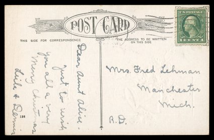 544, 1c Green coil waste, perf. 11, well centered and margined single tied by Jackson Mich.Dec 211922 machine cancel on Christmas picture postcard to Manchester, Michigan, this
date represents the earliest documented usage, quite fresh,