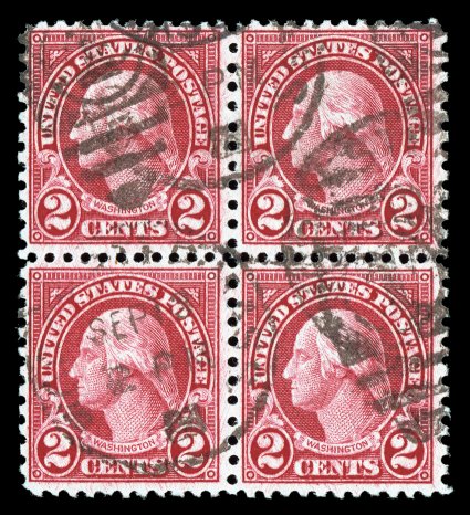 578-79, 1c Green, 2c Carmine coil waste, each in an attractive used block of four, strong intense colors, well centered for these, fine-very fine a lovely and very scarce
matched set of used blocks both accompanied by 1996 PF certificates.