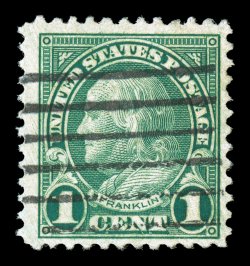 594, 1c Green coil waste, a phenomenal quality used example of one of the rarest stamps of the 20th century, which is missing from many of the most advanced collections, we
know of no other used example that combines all the remarkable physical