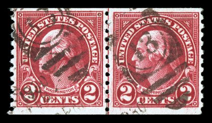 599-599A, 2c Carmine coil, combination Ty. I-II, perf. 10 vert., joint line pair, Ty. I and II se-tenant, particularly intense color, well centered, duplex cancel, very fine an
exceedingly scarce combination line pair 1990 PSE certificate and