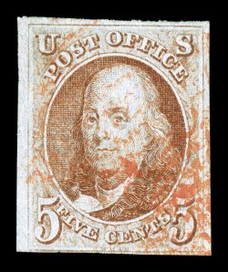 1, 5c Red brown, four ample to large margins, lovely bright color, light red cancel, very fine 1984 PF certificate.