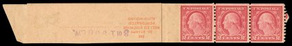 491, 2c Carmine coil, Ty. II, perf. 10 vert., an immensely rare coil leader strip of three, with full leader showing the imprint and handstamp, well centered for this difficult
coil, o.g., two right stamps never hinged, small crease at botto
