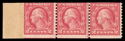 491, 2c Carmine coil, Ty. II, perf. 10 vert., incredibly the Collier collection contains a second coil leader strip of this rare coil. this being a guide line strip of three,
o.g., middle stamp never hinged, right stamp with tiny gummed over thi